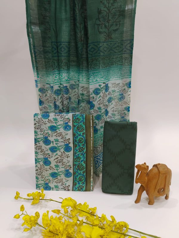 Teal Green Cotton Suit With Linen Dupatta