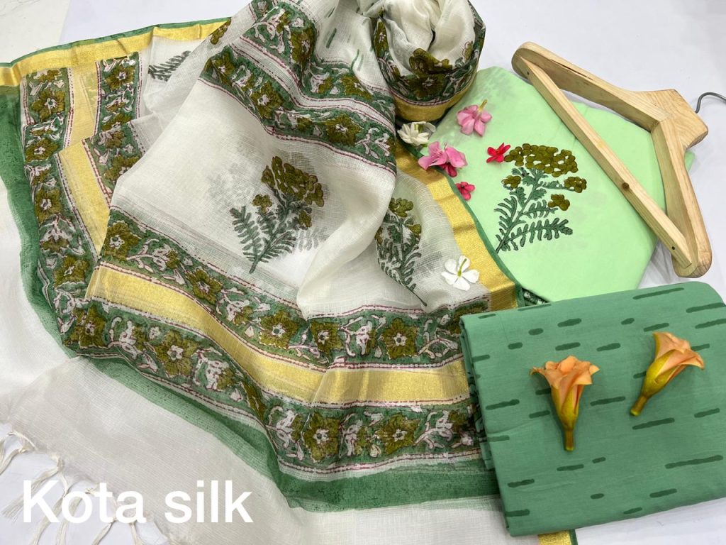 Emerald Green Cotton Suit With Kota Silk Dupatta