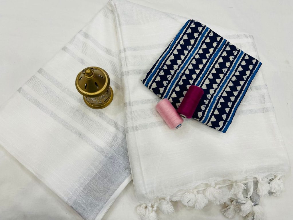 White linen saree with printed cotton blouse