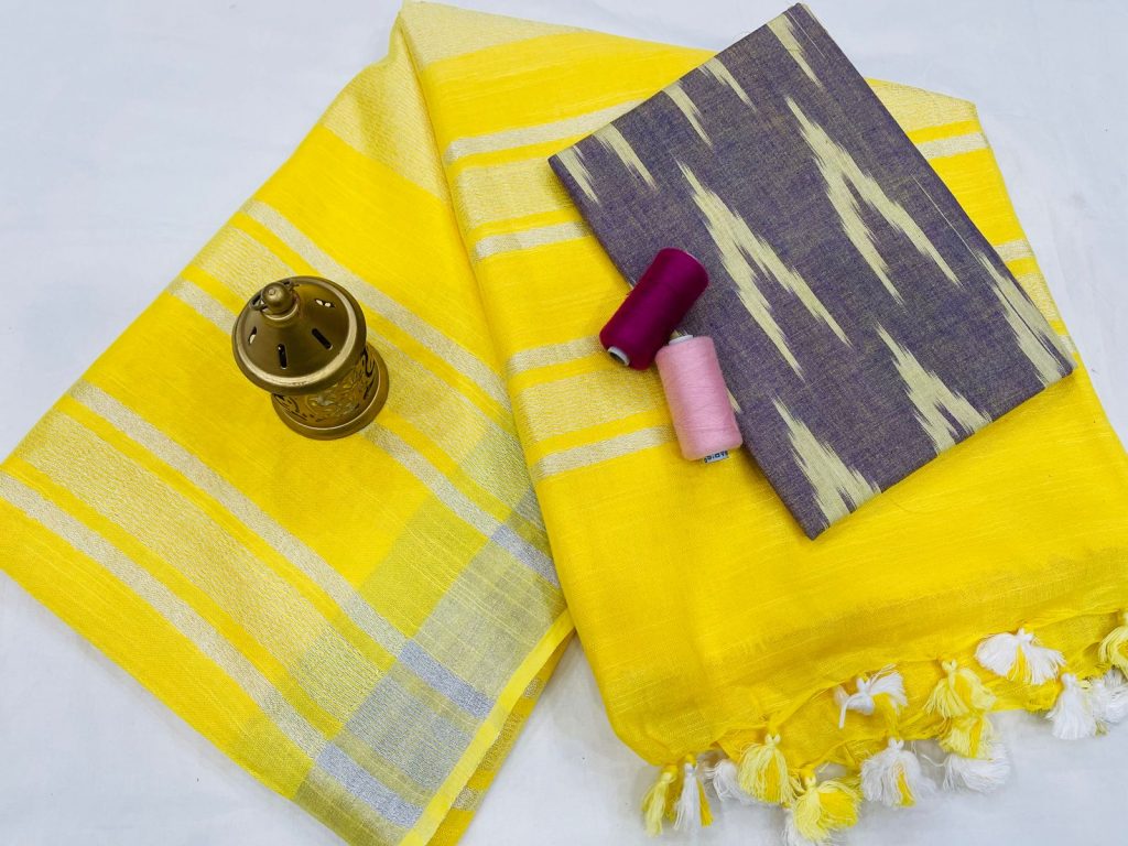 Yellow  linen saree with printed cotton blouse