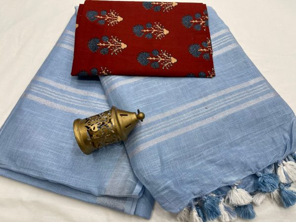 Blue plain linen saree with printed cotton blouse