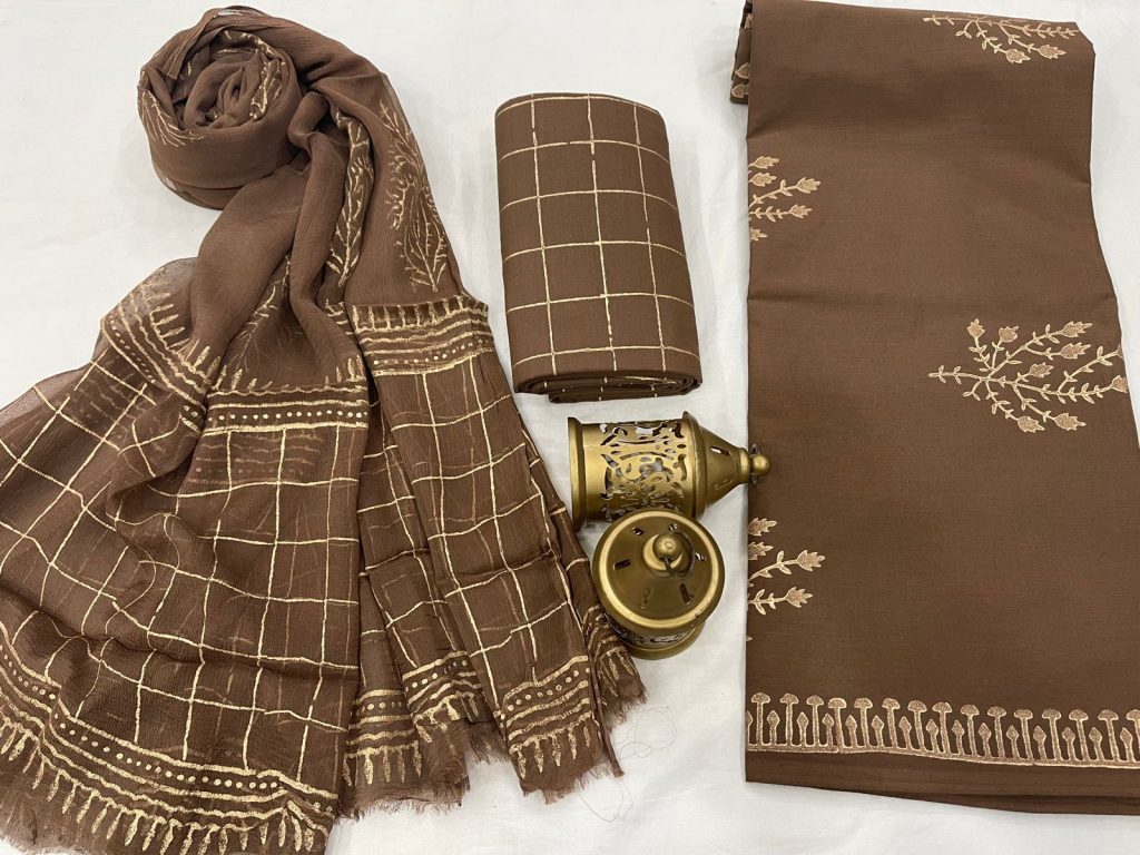Brown Cotton suits with pure chiffon dupatta