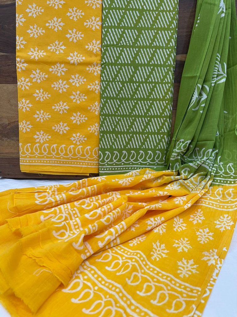 Amber and green Pigment print cotton dupatta suit