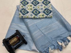 Cyan linen saree with printed cotton blouse