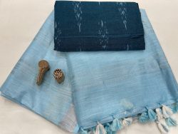 Cyan linen saree with printed cotton blouse