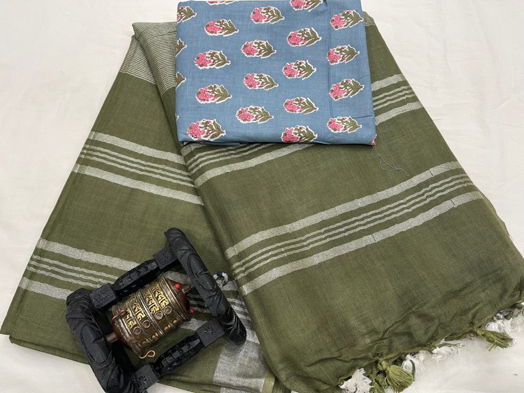 Dark green Plain linen saree with separate printed blouse