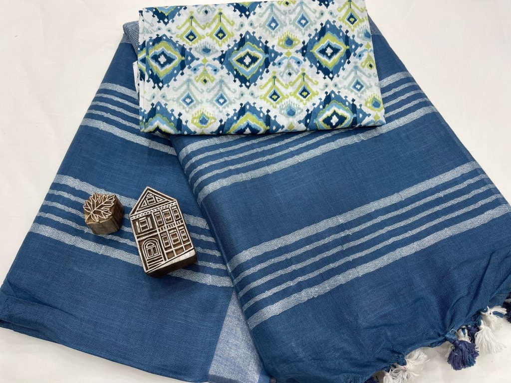 Blue and white linen saree with printed cotton blouse
