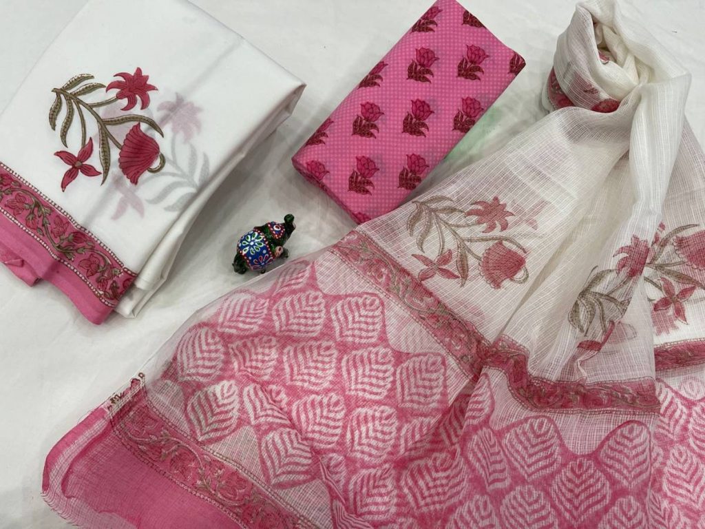 Beautiful pink and white pure cotton suit with kota doria dupatta set