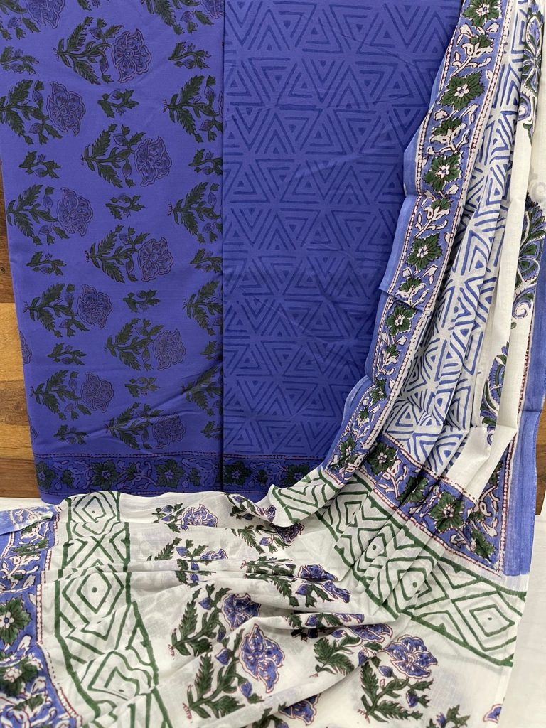 Blue floral print cotton salwar suit with cotton dupatta