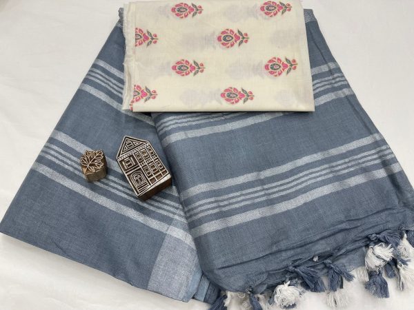 Slate gray linen saree with separate printed blouse