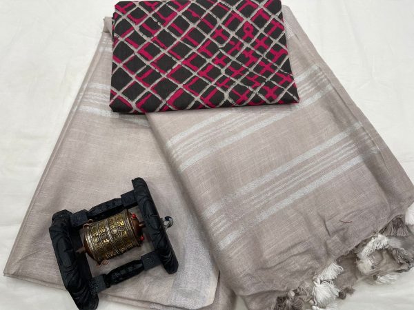 Taupe Gray linen saree with separate printed blouse
