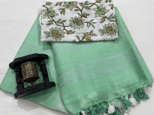 Tropical Green plain linen saree with printed cotton blouse