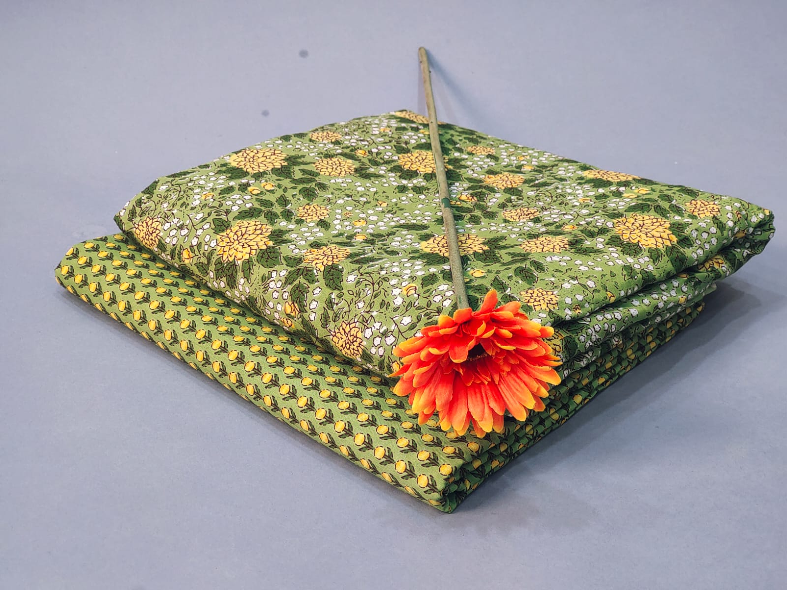 Dull green floral print green and dull green pure cotton running material