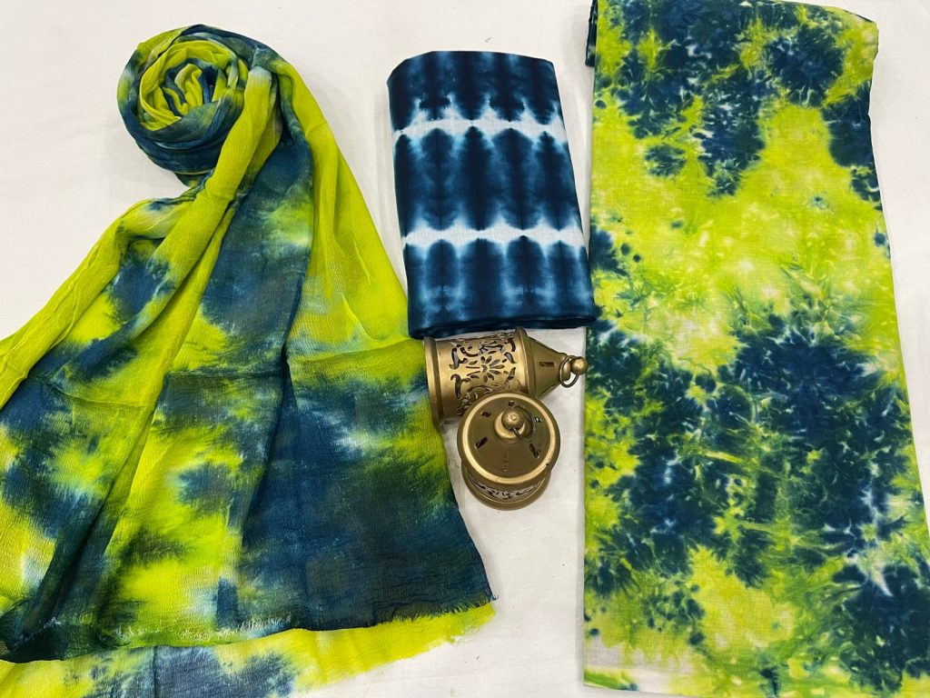 Lime and blue Cotton suits with pure chiffon dupatta