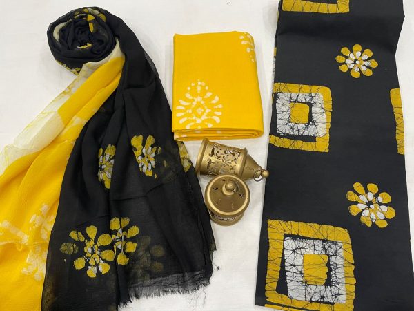 Black and Yellow  dress materials with chiffon dupatta