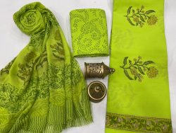 Green  cotton dress materials with chiffon dupatta