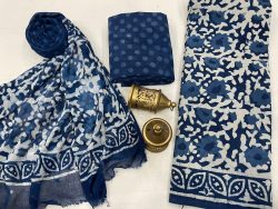 Blue cotton dress materials with chiffon dupatta