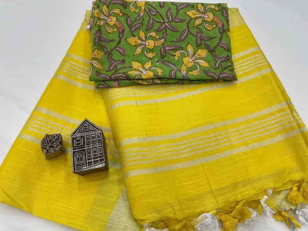 Yellow Plain linen saree with separate printed blouse