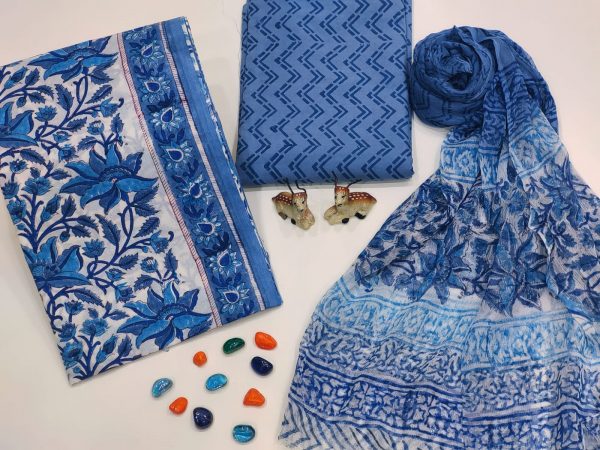 Blue floral print cotton dress materials with chiffon dupatta