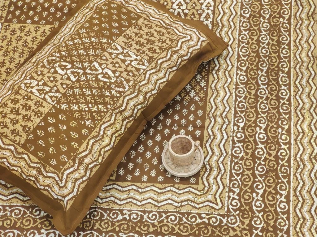 Bronze cotton dabu bed sheet with pillow cover