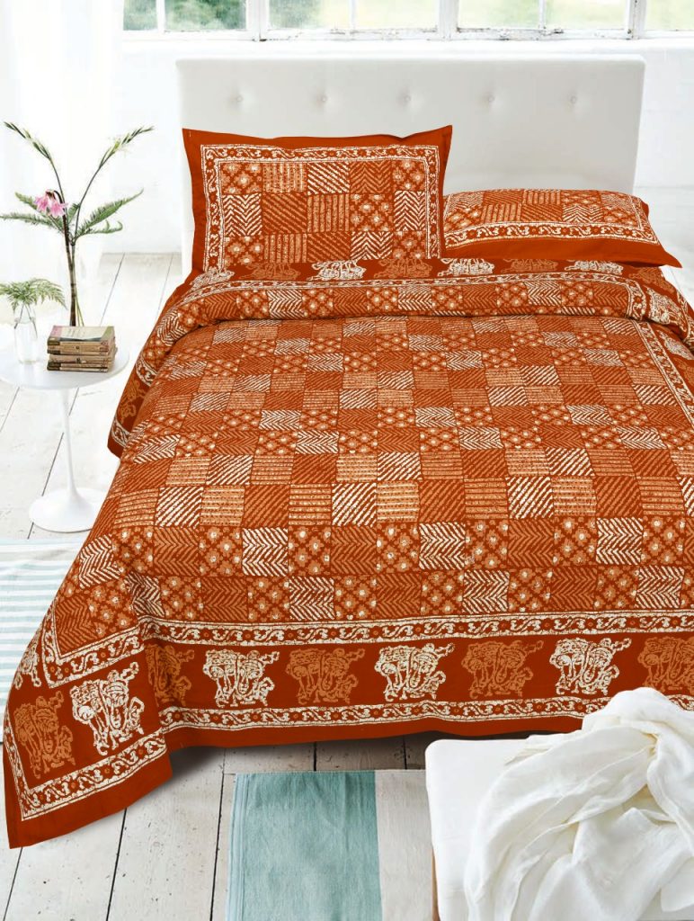 Burnt Orange cotton dabu bed sheet with pillow cover