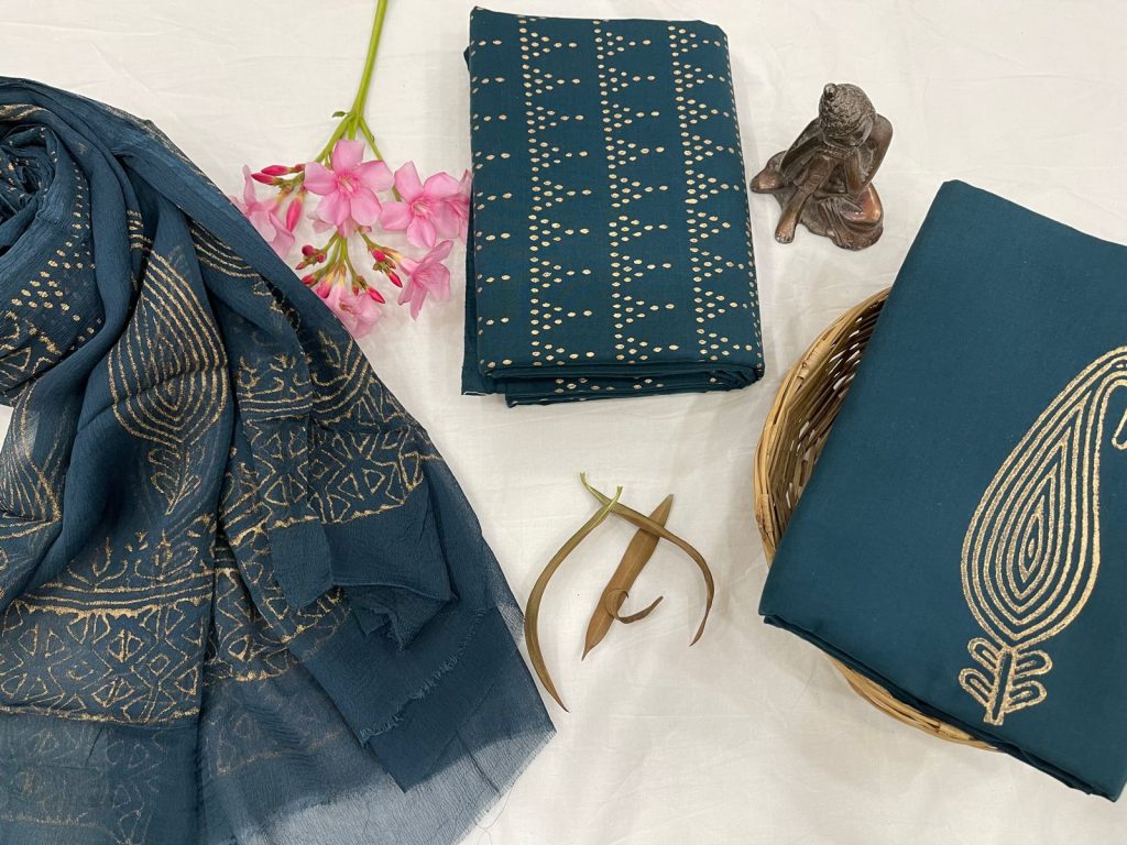 Artificial Cerulean cotton dress materials with chiffon dupatta