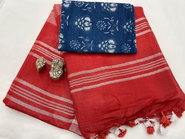 crimson linen saree with printed cotton blouse