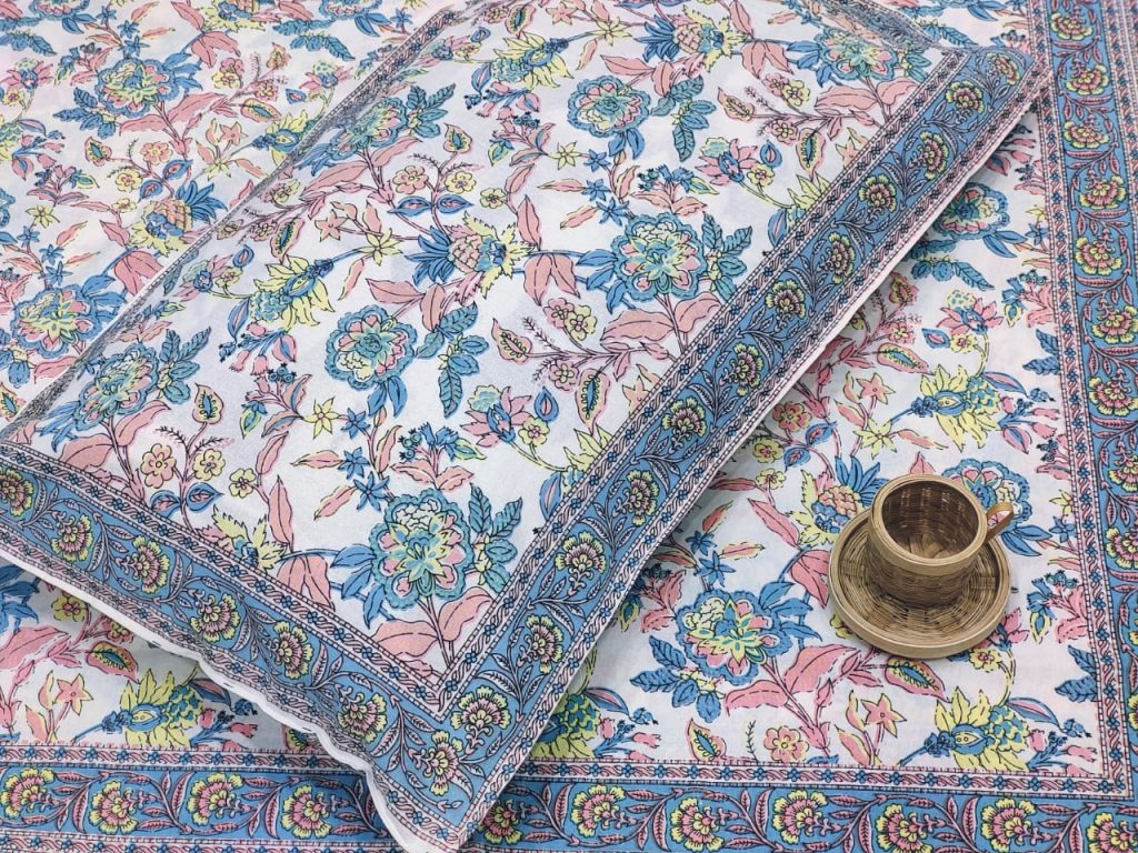 Blue floral print Cotton double size bedsheet 90/108 inch