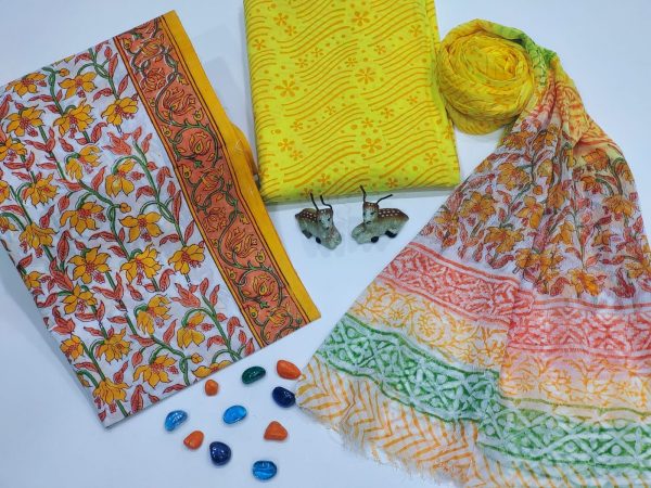 White and yellow floral print cotton suits with pure chiffon dupatta