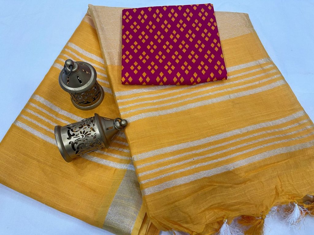 Marigold linen saree with separate printed blouse