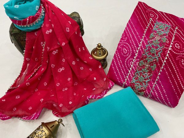 Ruby and azure embroidered salwar kameez with chiffon dupatta online