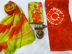 Orange- red  and Green Citrus cotton suits with pure chiffon dupatta