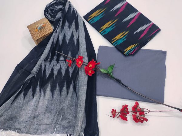 Blue and slate gray ikkat salwar suit with dupatta