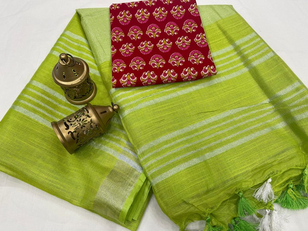 Lime linen saree with separate printed blouse