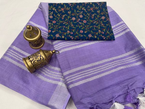 Amethyst plain linen saree with printed cotton blouse