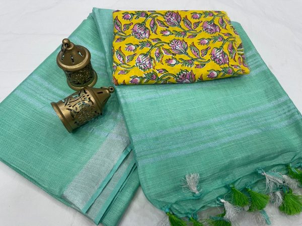 Electric blue linen saree with printed cotton blouse