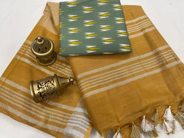 Marigold plain linen saree with separate printed blouse