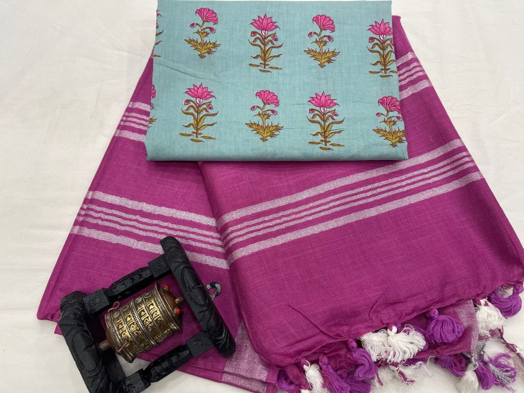 magenta plain linen saree with printed cotton blouse