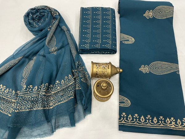Artificial Cerulean cotton dress materials with chiffon dupatta
