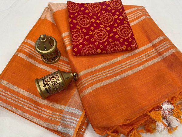 Orange plain linen saree with printed cotton blouse