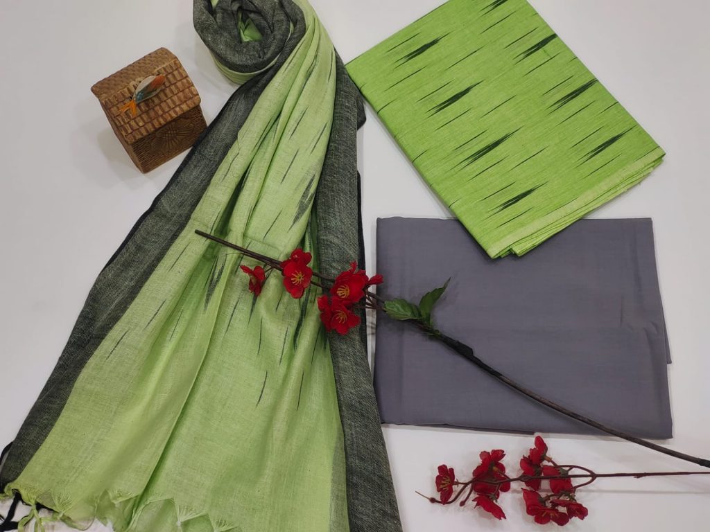 Lime and slate gray ikkat salwar suit with dupatta