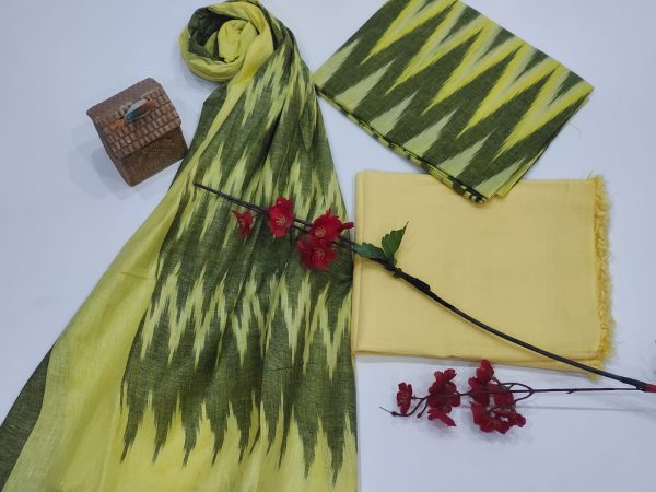 Yellow and olive Ikkat suit set with dupatta
