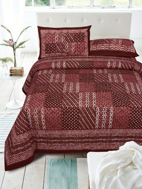 Maroon cotton dabu bed sheet with pillow cover