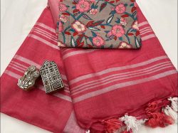 Cardinal crimson linen saree with printed cotton blouse