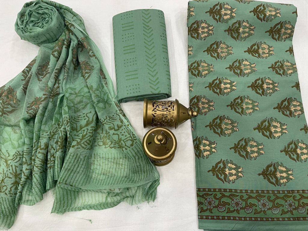 Acapulco green cotton suits with pure chiffon dupatta