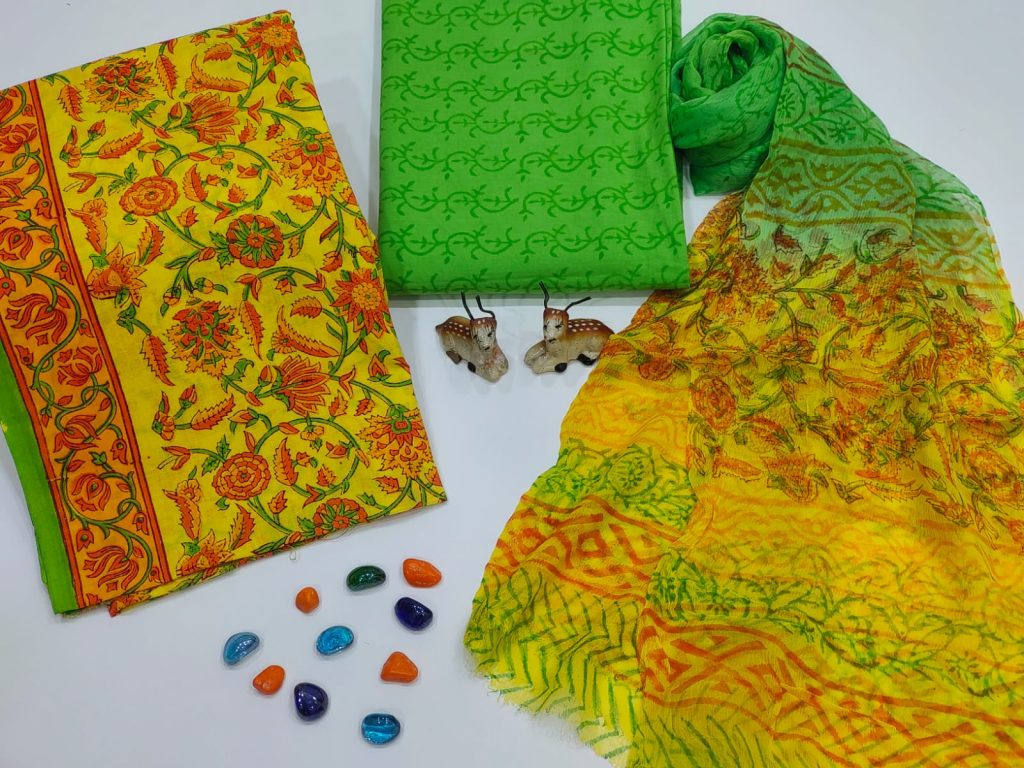 Yellow and green floral print  cotton suits with pure chiffon dupatta
