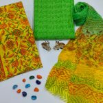Yellow and green floral print  cotton suits with pure chiffon dupatta