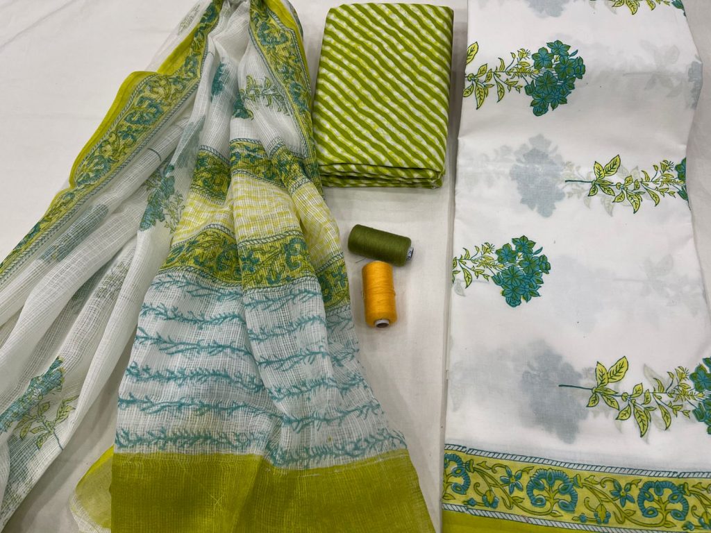White and green Cotton suit with doria dupatta