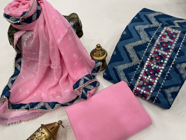 Pink and blue embroidery suits with chiffon dupatta