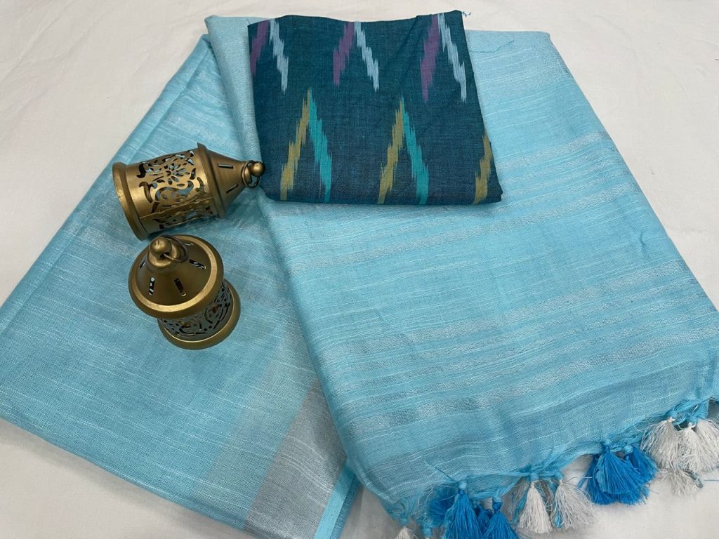 Baby blue linen saree with printed cotton blouse